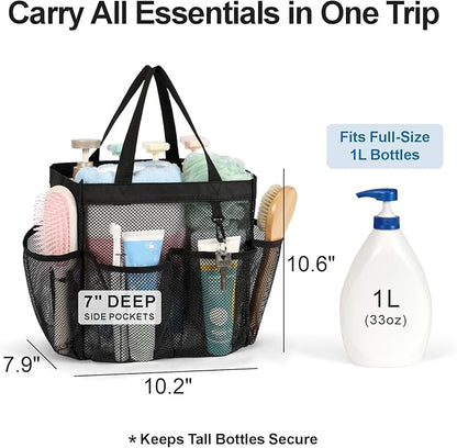 F-color Mesh Shower Caddy Portable for College Dorm Room Essentials with S Hook, 8 Pockets 2 Handles Quick Dry Shower Bag for Camping, Travel, Gym, Bathroom, Hanging Toiletry Organizer, Black