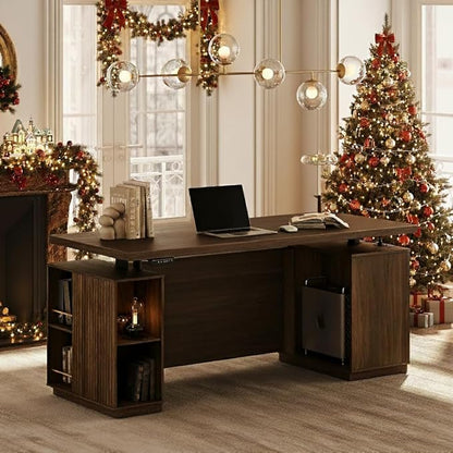 70" Standing Desk with Storage, Executive Electric Height Adjustable Stand Up Desk with AC/USB, Privacy Panel, Large One-Piece Destop, Fluted Computer Desk, Black Walnut