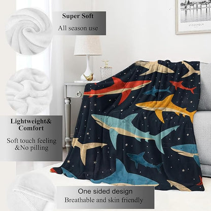 Shark Blanket Vibrant Sharks Dark Throw Blankets,Birthday Gifts for Girls Boys Women & Ocean Lovers,Lightweight Soft Fleece,for Sofa Couch Bed Room Sea Life Decor 50x60in