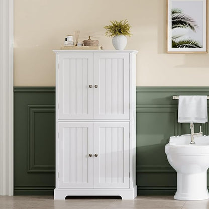 ChooChoo Bathroom Floor Cabinet, Modern Bathroom Storage Cabinet with 4 Doors and Adjustable Shelves, Freestanding Cupboard for Living Room, Kitchen Pantry, White