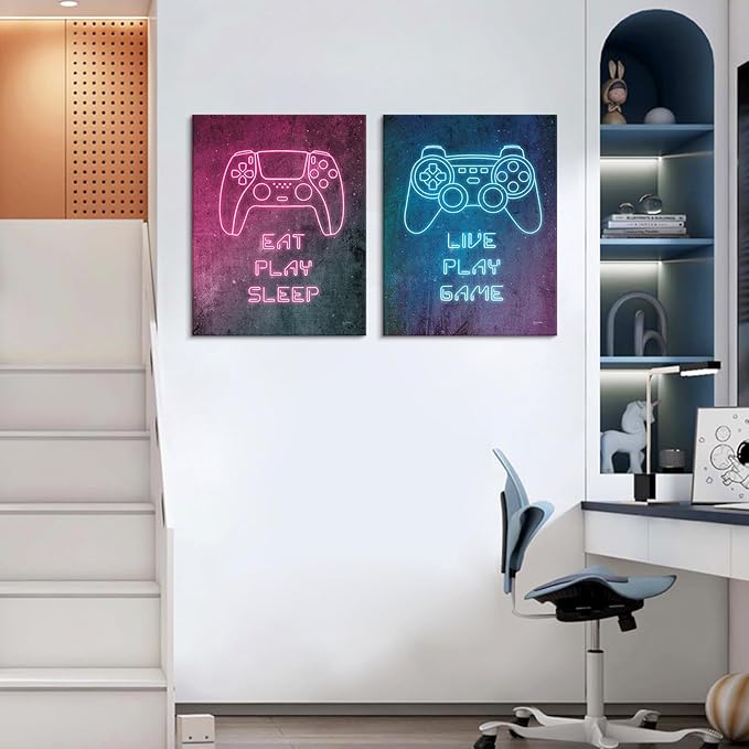 7CANVAS Game Room Wall Decor Neno Gaming Art Gamepad Canvas Pictures Cool Video Game Painting Gamer Pictures Wall Decor for Boys Teen Men Bedroom Dorm Playroom 12x16Inchx2pcs