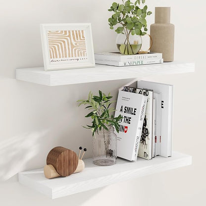 Fun Memories 32" W x 9.3" D Floating Shelves in White, Rustic Wood Deep Shelves for Bedroom, Kitchen, Living Room, Long Floating Shelf for Wall, Storage Display Wall Shelf for Books Decor