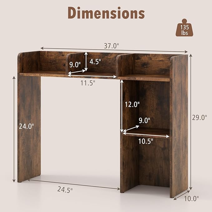 Desk Hutch, Desktop Shelf with 5 Shelves, Desk Bookshelf w/Anti-Toppling Devices, Wood Table Top Bookshelf Organizer, Small Desk Shelf for Study, Office, Dorm (Rustic Brown, 5 Shelves)