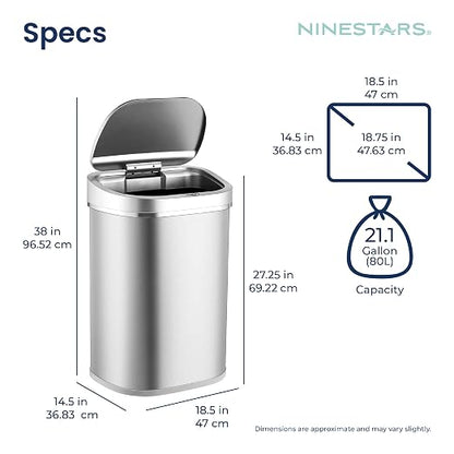 Ninestars 21 Gallons Automatic Touchless Kitchen Trash Can with Lid, Motion Sensor Trash Can for Kitchen, Living Room, Office, 80 Liter Stainless Steel Garbage Bin (21 Gallon Rectangular)