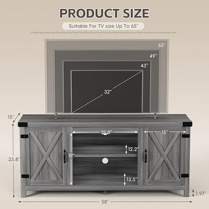 YESHOMY Modern Farmhouse TV Stand with Two Barn Doors and Storage Cabinets for Televisions up to 65+ Inch,Entertainment Center Console Table,Media Furniture for Living Room,Light Grey