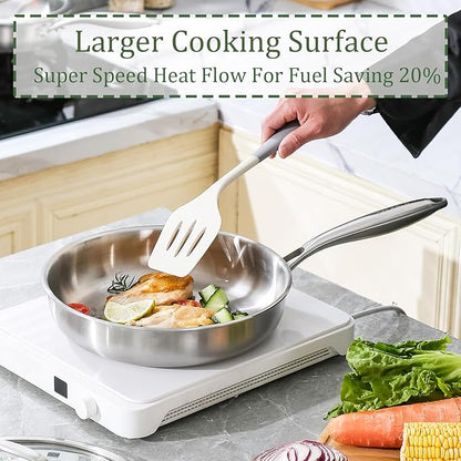 DELARLO Stainless Steel Pan 10.3Inch, Triply Stainless Steel Frying Pan with Lid, Heavy Duty, Compatible with Induction, Gas and Electric up to 650℉, Fast & Even Heating, Dishwasher, Oven Safe Skillet