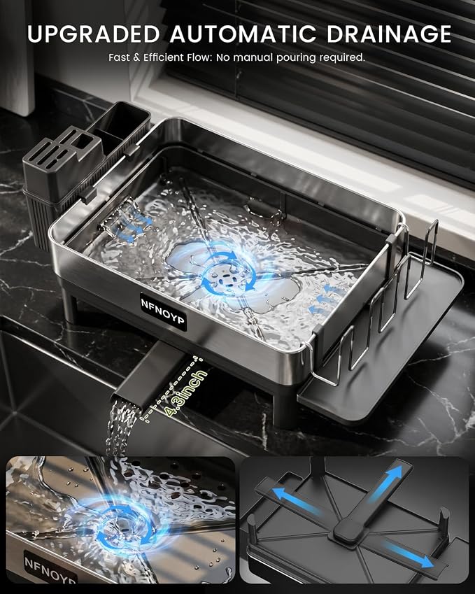 Dish Drying Rack, 2 Tier 304 Stainless Steel Dish Rack and Drainboard Set, Rustproof Dish Drainer with Anti-Pooling Automatic Drainage, Large Capacity Kitchen Counter Organizer, Black