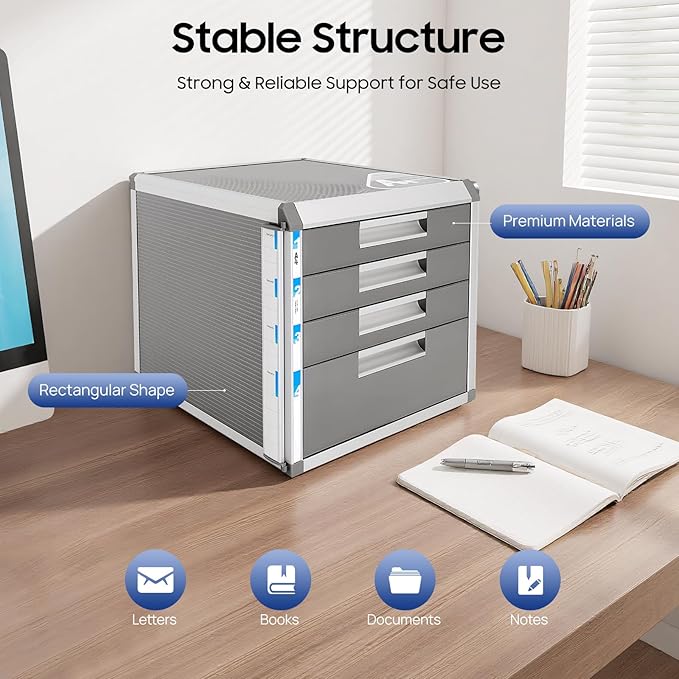 Desk Organizer with 4 Drawers, Metal Desktop Storage Cabinet File Holder with Locks and Keys, Filing Case Literature Organizer for Office Home, L12.4*D13.8*H11.7in, Silver & Grey