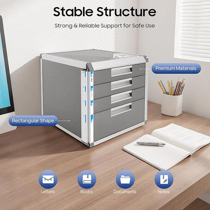 Desk Organizer with 4 Drawers, Metal Desktop Storage Cabinet File Holder with Locks and Keys, Filing Case Literature Organizer for Office Home, L12.4*D13.8*H11.7in, Silver & Grey