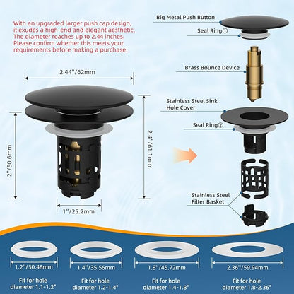 Hibbent 2 Pack Upgraded 3 in 1 Bathroom Sink Drain Strainer, Pop Up Sink Stopper with Big Push Cap, Anti-Clogging Metal Filter Basket,Sink Plug with Hair Catcher for 1.1''~2.36'' Basin, Matte Black