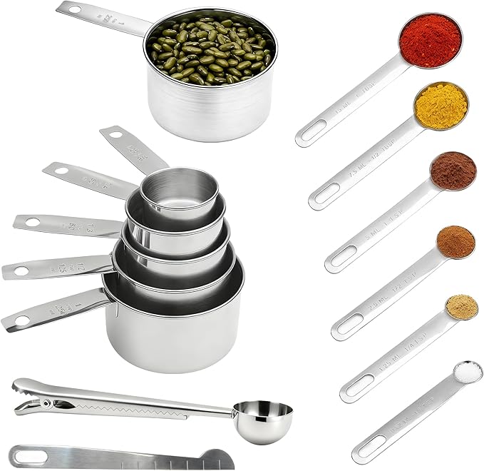 Measuring Cups and Spoons Set of 13, Stainless Steel 5 Nesting Measure Cups Set & 6 Measuring Spoons Set & 1 Leveler +1 Spoon Clip - Kitchen Baking Tools for Cooking.