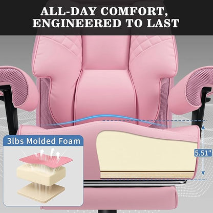 HOFFREE Big and Tall Office Chair 500lbs for Heavy People Executive Office Desk Chair with Wide Seat PU Leather Computer Chair with Adjustable Lumbar Support Pink