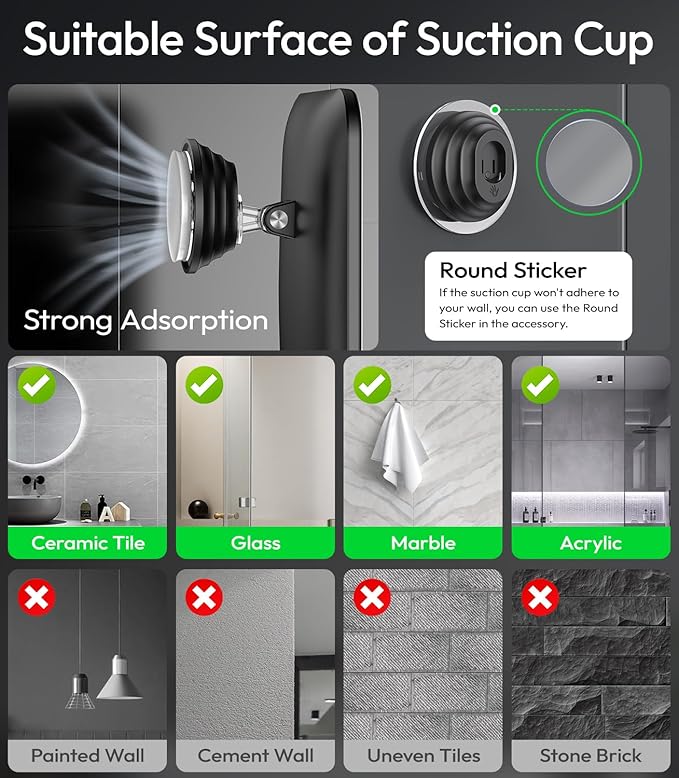 Lighted Shower Mirror Fogless for Shaving with Light, 5000mAh Heated Fogless Mirror for Shower, Detachable Razor Holder and Suction Cup for Wall, NO-Drilling, Waterproof for Bathroom (Black)