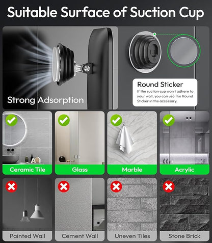 Lighted Shower Mirror Fogless for Shaving with Light, 5000mAh Heated Fogless Mirror for Shower, Detachable Razor Holder and Suction Cup for Wall, NO-Drilling, Waterproof for Bathroom (Black)