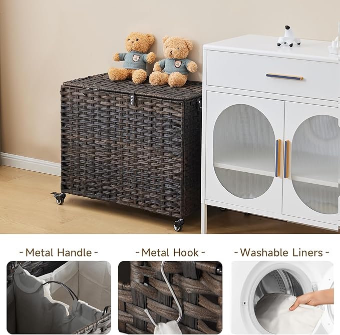 Laundry Hamper with Wheels, 34.3 Gallon(130L) Rolling Laundry Basket with Lid, Removable Large 2 Color Liners & 3 Mesh Laundry Bags, Clothes Hamper with Side Pocket, Brown