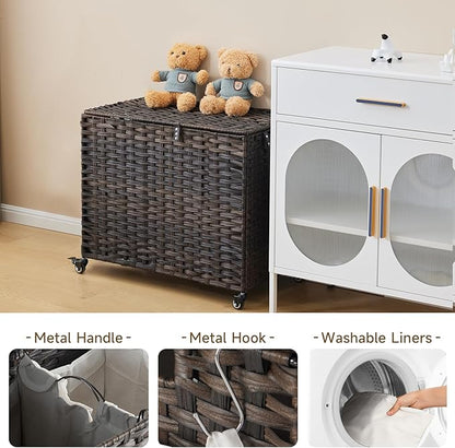 Laundry Hamper with Wheels, 34.3 Gallon(130L) Rolling Laundry Basket with Lid, Removable Large 2 Color Liners & 3 Mesh Laundry Bags, Clothes Hamper with Side Pocket, Brown