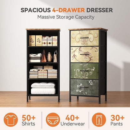 Sweetcrispy 4 Drawer Fabric Dresser Storage Tower Nightstand Chest | Small bedroom dresser and nightstand with sturdy frame,Perfect for closet,entryway,dorm,Easy assembly,Floral Painted