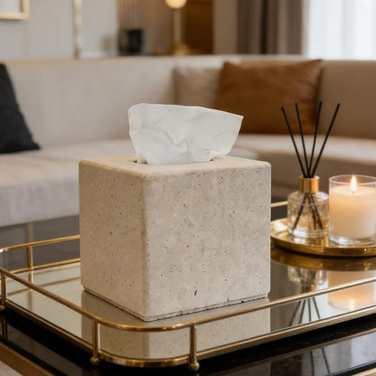 Travertine Tissue Box Cover, Vintage Style Napkin Holder, Square Tissue Box with Acrylic Board Bottom, Natural Heaty Duty Stone Toilet Paper Holder for Bathroom, Bedroom, Living Room