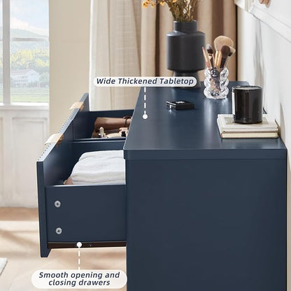 LEYAOYAO Fluted 6 Drawers Dresser, 48" Wide Modern Chest of Drawers with Wood Grain Top, Curved Profile Design, Dresser TV Stand, Wood Drawer Organizer for Bedroom, Living Room, Hallway,Blue