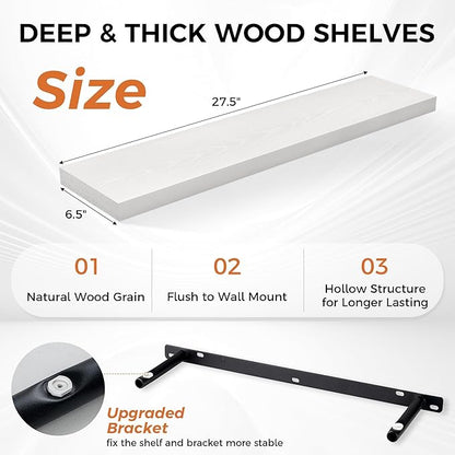 Fun Memories Floating Shelves for Wall, 27.5" Rustic Wood Deep Wall Mounted Shelves with Invisible Brackets for Decor & Storage, Floating Shelf for Living Room, Bathroom (White, Set of 2)
