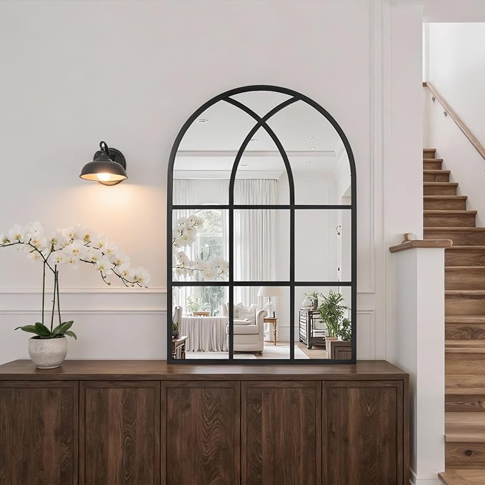 Arched Window pane Wall Mirror 24"x36", Window Shaped Farmhouse Style with Aluminum Frame, Decorative Wall Mirror Leaning Hanging for Living Room, Courtyard, Bedroom, Entryway, Black