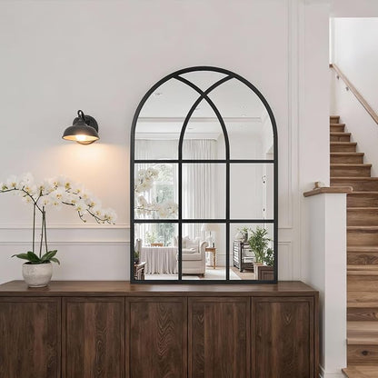 Arched Window pane Wall Mirror 24"x36", Window Shaped Farmhouse Style with Aluminum Frame, Decorative Wall Mirror Leaning Hanging for Living Room, Courtyard, Bedroom, Entryway, Black