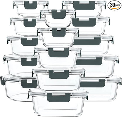M MCIRCO 30 Pieces Glass Food Storage Containers with Snap Locking Lids,Glass Meal Prep Containers Set - Airtight Lunch Containers, Microwave, Oven, Freezer and Dishwasher