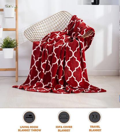 Elegant Comfort Luxury Velvet Super Soft Christmas Prints Fleece Blanket-Holiday Theme Home Décor Fuzzy Warm and Cozy Throws for Winter Bedding, Couch and Gift, 50 x 60 inch, Quatrefoil Red