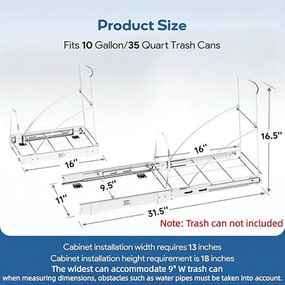 Pull Out Trash Can Under Cabinet & Under Sink - Heavy Duty Sliding Adjustable Cabinet Garbage Can Organizer, Requires Minimum Cabinets Opening 13" W X 18" D,Chrome Finish (Waste Bin Not Included)