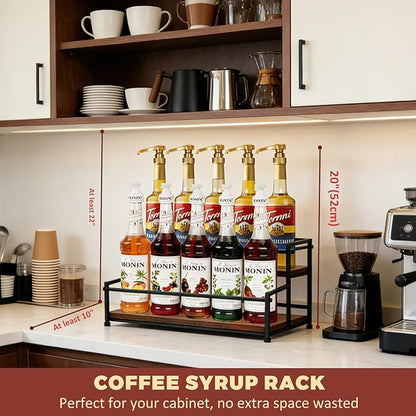 Coffee Syrup Rack Organizer, 2-Tier | Metal Bottle Holder, 10 Bottles Capacity, Rustic Countertop Display Shelf, For Coffee Bar, Kitchen Cabinet, Pantry