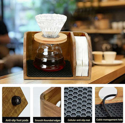 Acacia Wood Coffee Bar Station Organizer Stand, Wooden Pour Over Maker Caddy Storage Organizers, Coffee Filter Holder for Countertop with Heatproof Mat (9.4*7*5.1 inch) Glass Coffee Maker not included