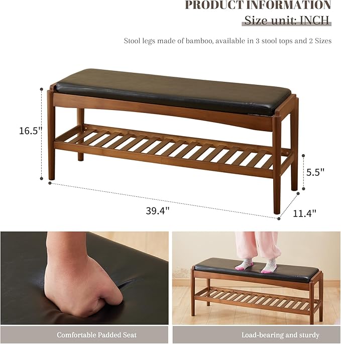 Shoe Rack Bench Entryway Bamboo Shoe Storage Bench with Leather Cushion 2 Tiers Shoe Rack Entryway Bench for Hallway, Living Room,Bedroom(Black Bench top+Brown Frame)