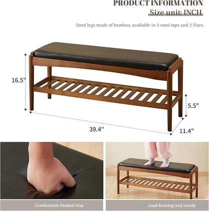 Shoe Rack Bench Entryway Bamboo Shoe Storage Bench with Leather Cushion 2 Tiers Shoe Rack Entryway Bench for Hallway, Living Room,Bedroom(Black Bench top+Brown Frame)