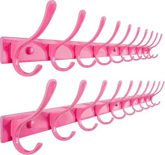 SKOLOO Coat Rack Wall Mounted - 10 Hooks, Pack of 2, Heavy Duty, Stainless Steel, Metal Wall Hanger, Sturdy Coat Hooks for Hanging Coats, Jacket, Clothes, Hat, Pink