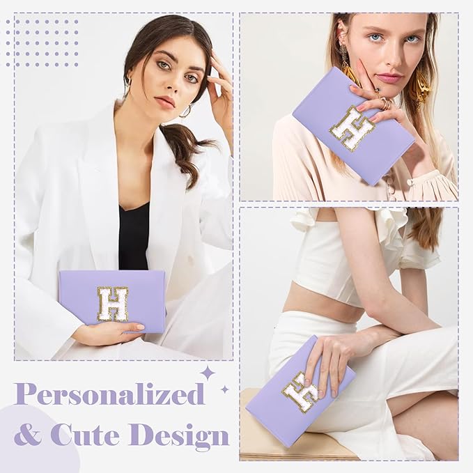 Personalized Makeup Bag Initial A-Z Preppy Patch Bag,Small PU Leather Travel Cosmetic Bag Pouch with Zipper,Purple Cute Toiletry Bag,Gift Ideal for Teen Girls Women Birthday Friend Mom,Latter H