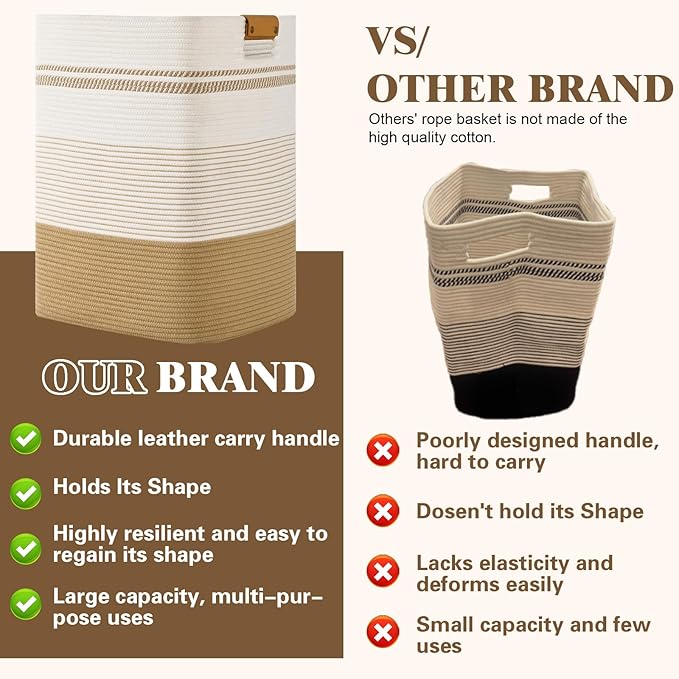 Degeyoyo Laundry Hamper, 95L Tall Laundry Basket with Leather Handles, Rectangle Large Clothes Hamper for Organizing, Cotton Woven Laundry Baskets Storage Hampers for Bedroom, Nursery, Living Room