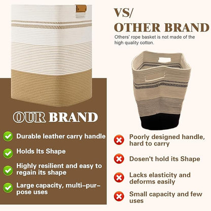 Degeyoyo Laundry Hamper, 85L Tall Laundry Basket with Leather Handles, Rectangle Large Clothes Hamper for Organizing, Cotton Woven Laundry Baskets Storage Hampers for Bedroom, Nursery, Living Room