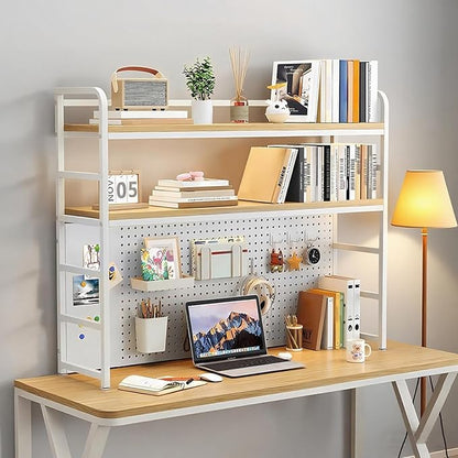 2-Tier Desktop Bookshelf Hutch - Metal Desk Shelf Bookcase with Desk Pegboard Countertop Storage Organizer Rack for Dorm or Office (A, 90cm/35.4in)