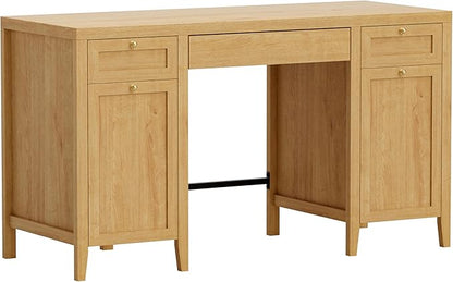 52" Executive Desk with Storage Drawer, Farmhouse Home Office Desk with Storage Cabinet Wood Computer Writing Desk for Study Office, Natural Oak