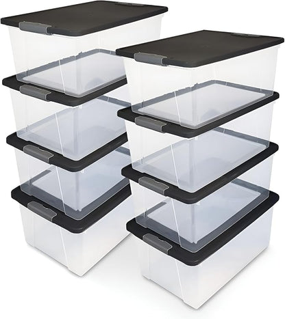 HOMZ 8-Pack Snaplock, Small Clear Plastic Storage Organizer Bins with Lids, 15 Quart, Gray - Stackable Container Boxes for Bedroom, Bathroom, Garage, and Office Organization