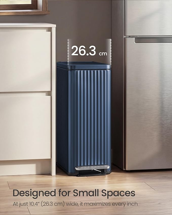 SONGMICS Trash Can, 13 Gallon (50 L) Slim Garbage Can for Kitchen, with Soft-Close Lid, Pedal, Removable Inner Bucket, Stainless Steel, 15 Trash Bags, Space-Saving, Midnight Blue ULTB350QZ01