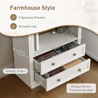 Farmhouse Arched Bookshelf Set of 2, 7 Tiers Arch Bookcase with 2 Spacious Drawers, Modern Book Shelf with Open Display Shelves and Storage Cabinet, for Office, Living Room, Walnut and White