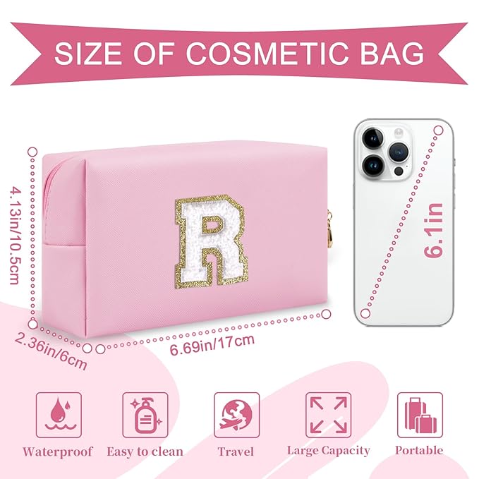 Personalized Initial A-Z Preppy Patch Makeup Bag,Small PU Chenille Letter Cosmetic Bag with Zipper for Teen Girls,Pink Cute Toiletry Organizer Bag,Monogram Makeup Case Gift for Women Girls,Letter R