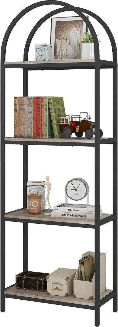 Yusong Bookshelf 4 Tier Arched Bookcase, 71.3" Tall Industrial Open Book Shelves for Living Room, Modern Freestanding Display Shelving Storage Rack Metal Frame, Office, Bedroom, Grey