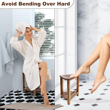 IBosins Corner Shower Stool with Storage Shelf Shower Foot Rest for Shaving Legs Small Bench for Inside Shower to Sit on Bath Seat - Acacia Wood