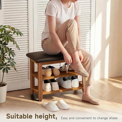 Shoe Bench with Leather Cushion,Wood Bench with Shoe Rack,2-Tier Shoe Storage Organizer for Entryway,Hallway,Living Room (Brown, 2-Tier-23.6")