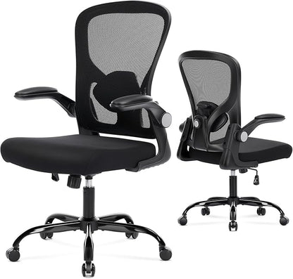 Ergonomic Office Chair, Computer Desk Chair with Adjustable Lumbar Support, Breathable Mesh Office Chair with Flip-up Armrests, Rocking Function, Comfy Home Office Desk Chair, Black