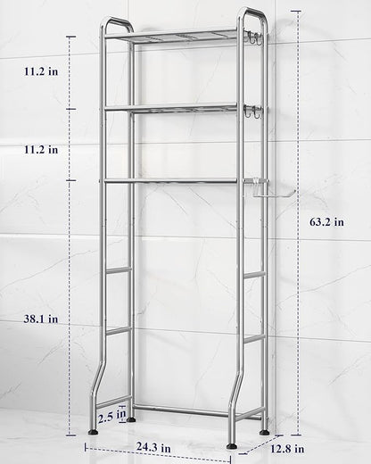 Kitsure Over Toilet Storage Rack - Metal Over Toilet Bathroom Organizer Shelf, Over the Toilet Storage Cabinet with Paper Holder and Hooks, Bathroom Cabinet for Laundry, Silver, 3 Tiers (63.2" H)