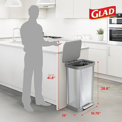 Glad 20 Gallon All Brushed Stainless Steel Trash Can with Clorox Odor Protection | Large Metal Kitchen Garbage Bin with Soft Close Lid, Garbage Bag Rings, Step On Foot Pedal and Waste Bag Roll Holder