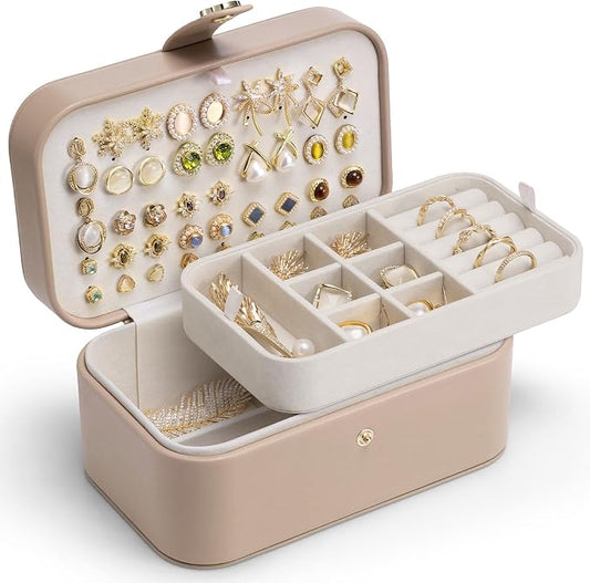 VLANDO Travel Jewelry Case, 2-Layer Jewelry Box, Portabel Travel Organizer for Necklaces, Earring, Bracelets, Ring, Watch - Large Capacity Travel Jewelry Storage - Toffee